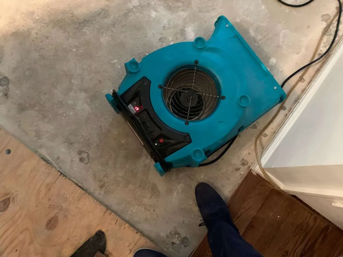 Air mover drying subfloor during Leak Detection & Repair in Cameron Park